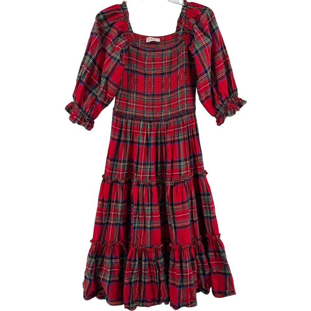 Ivy City Co Tartan Plaid Dress Womens Medium Red Smocked Tiered Midi Puff Sleeve